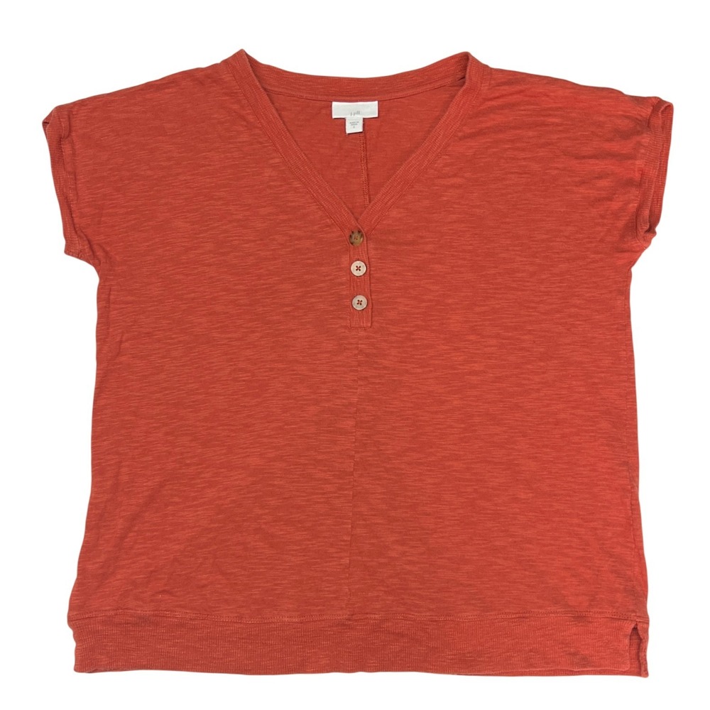 J.Jill Short Sleeve Henley Top Women's Small Rust Orange Cotton Tencel Blend EUC
